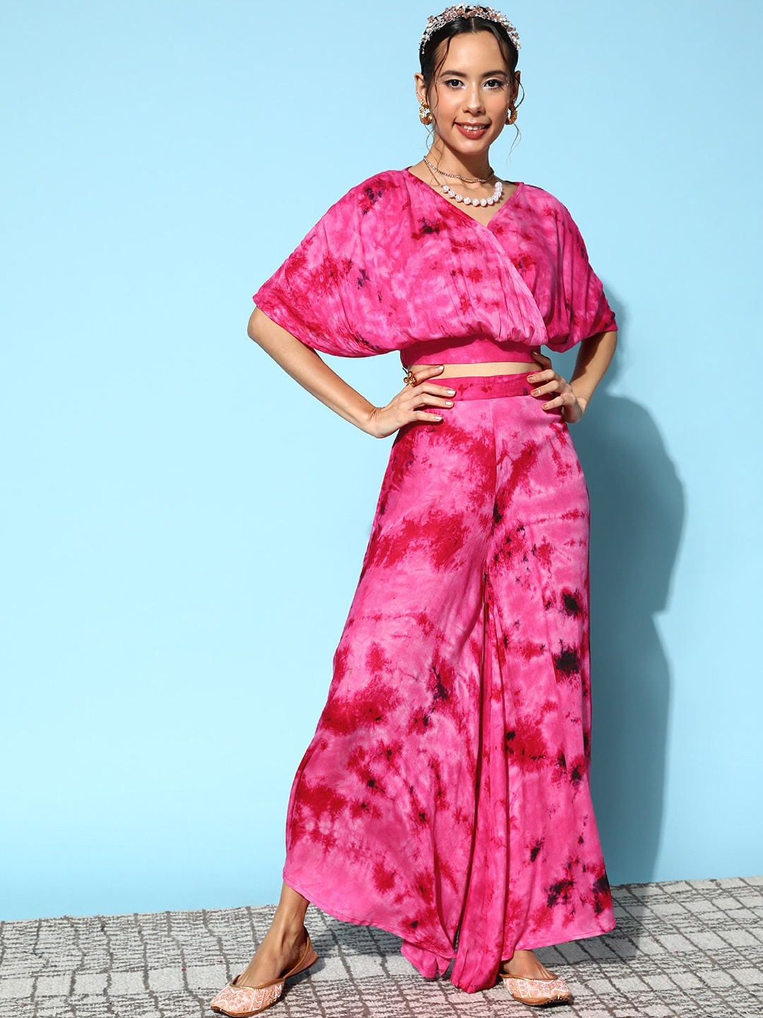 

InWeave Tie & Dye Crop Top With Trousers Co-Ord's Set, Magenta