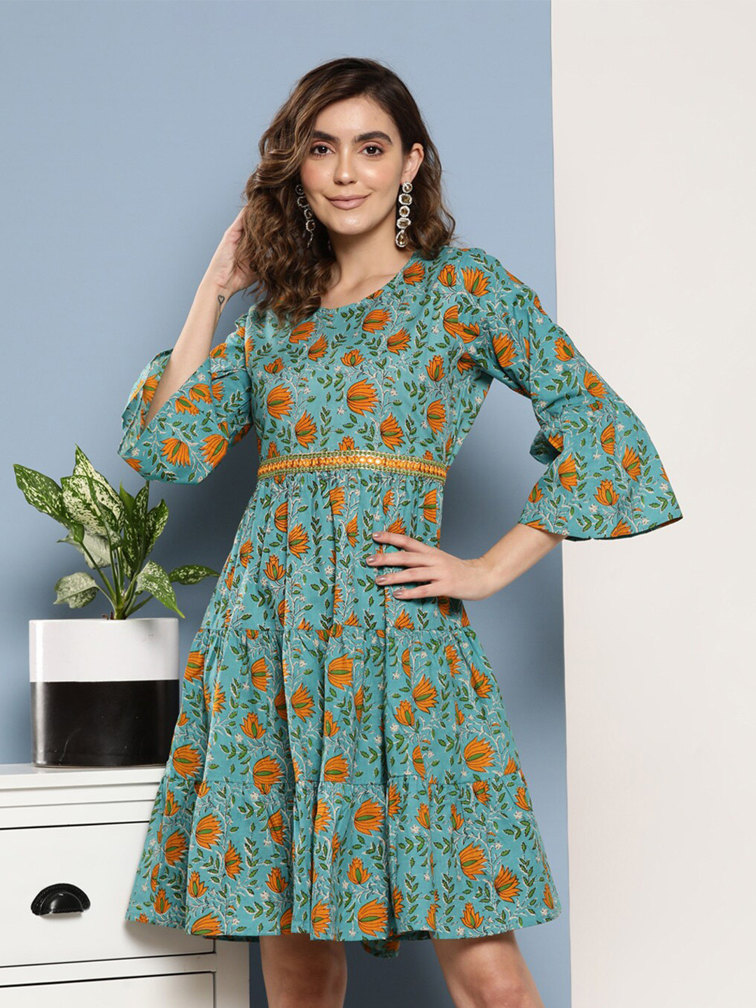 

InWeave Turquoise Blue & Orange Coloured Floral Printed Cotton Fit & Flare Tiered Dress