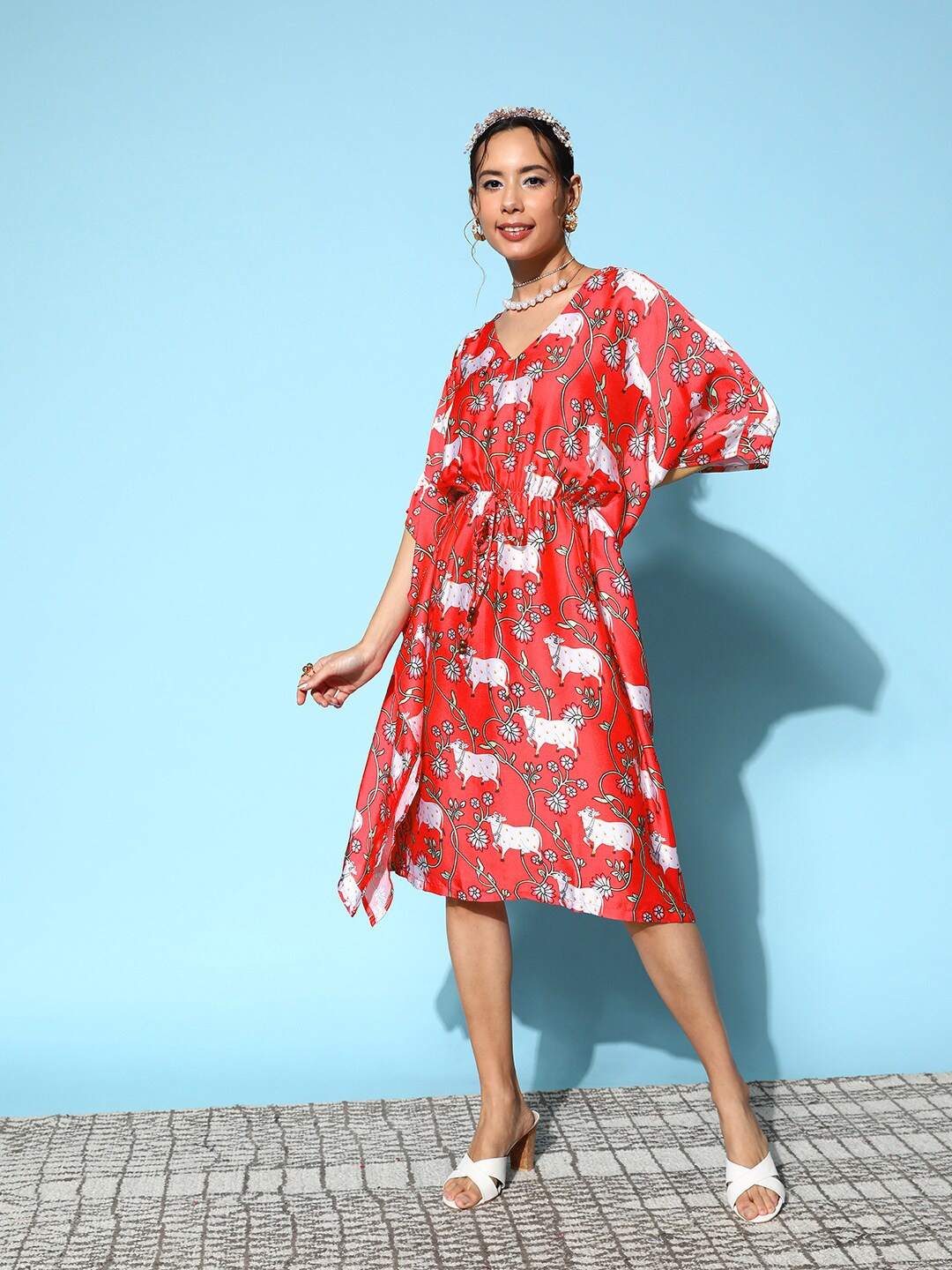 

InWeave Red & White Conversational Printed Kaftan Dress, Pink