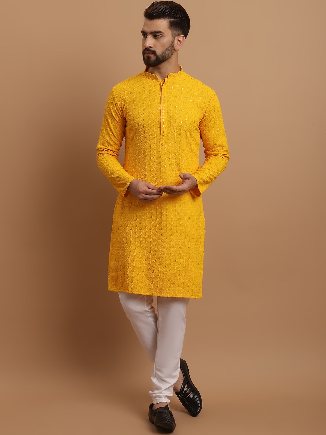 

SOJANYA Ethnic Embroidered Sequinned Pure Cotton Kurta & Churidar With Nehru Jacket, Mustard