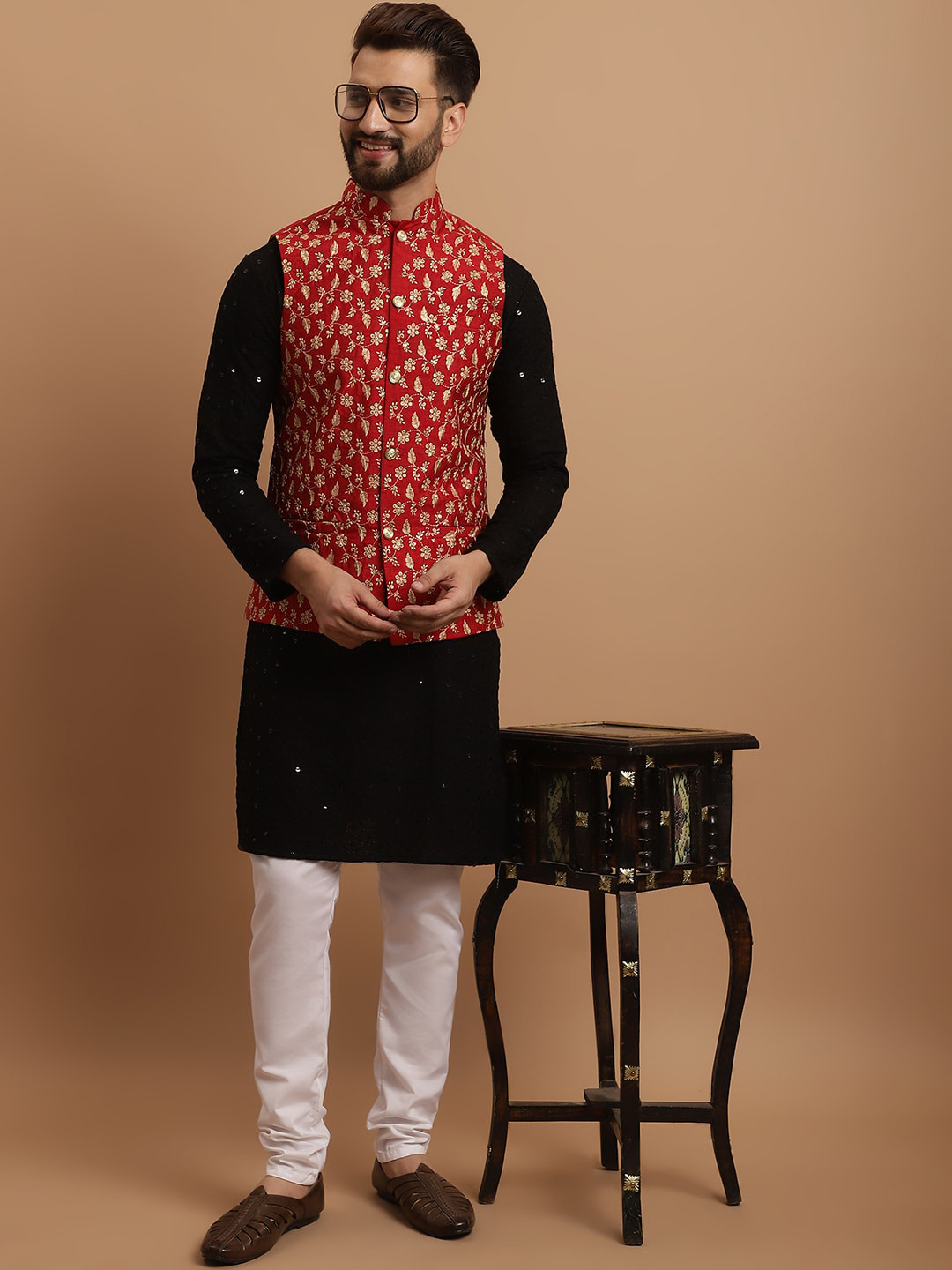

SOJANYA Ethnic Motifs Embroidered Cotton Kurta with Churidar & Embroidered Nehru Jacket, Black