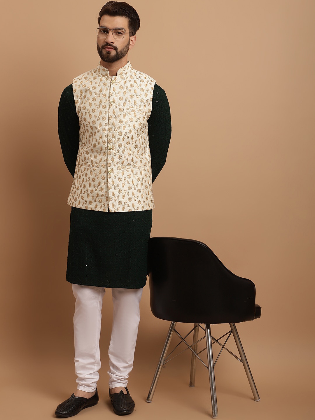 

SOJANYA Ethnic Embroidered Sequinned Pure Cotton Kurta & Churidar With Nehru Jacket, Black