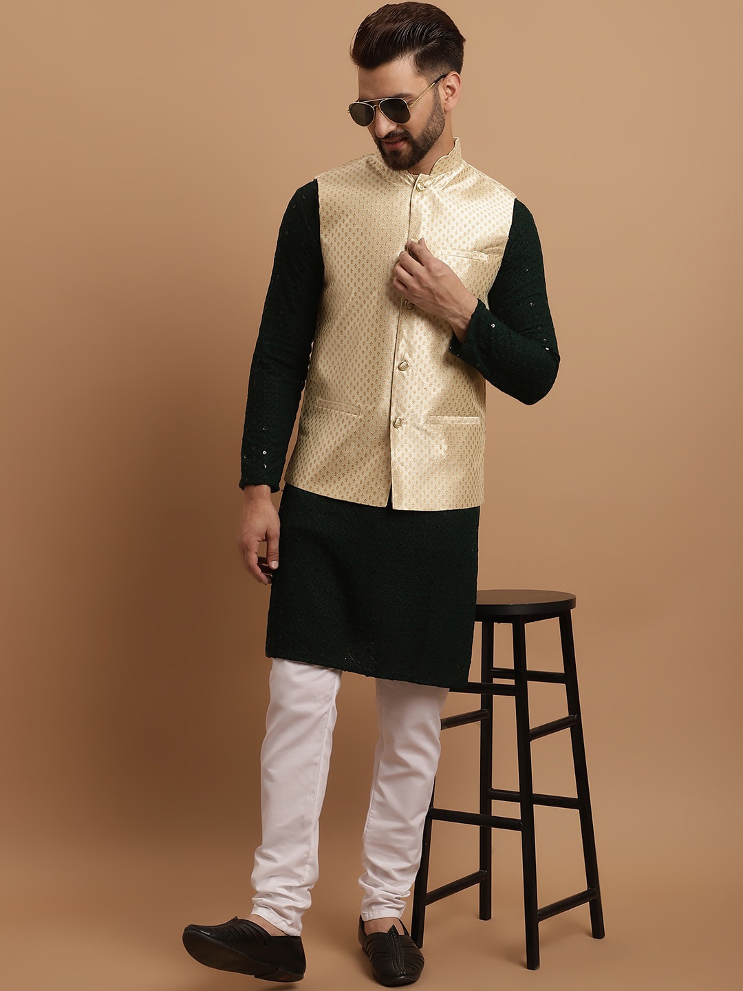 

SOJANYA Ethnic Embroidered Sequinned Pure Cotton Kurta & Churidar With Nehru Jacket, Green