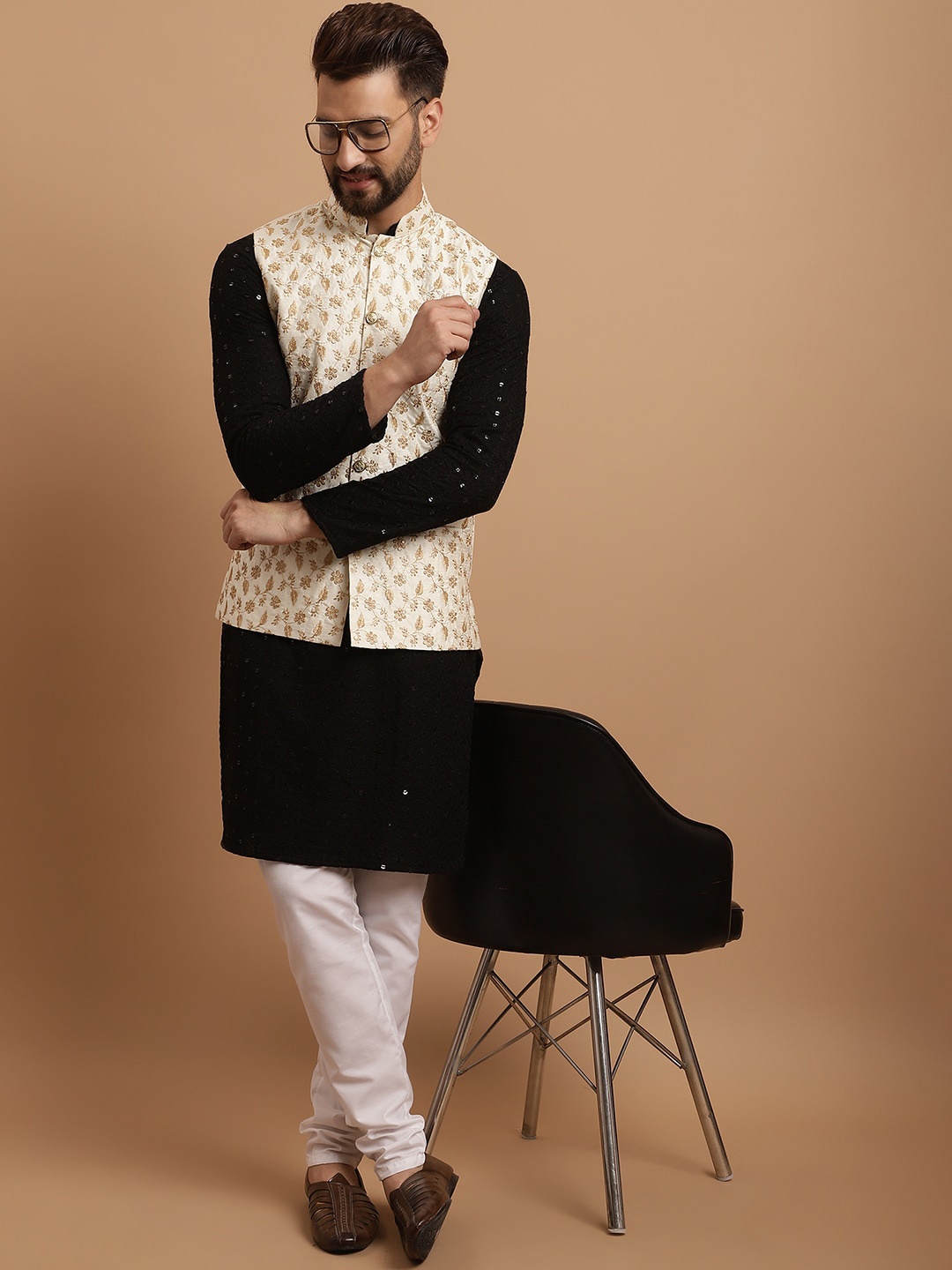 

SOJANYA Ethnic Embroidered Sequinned Pure Cotton Kurta & Churidar With Nehru Jacket, Black