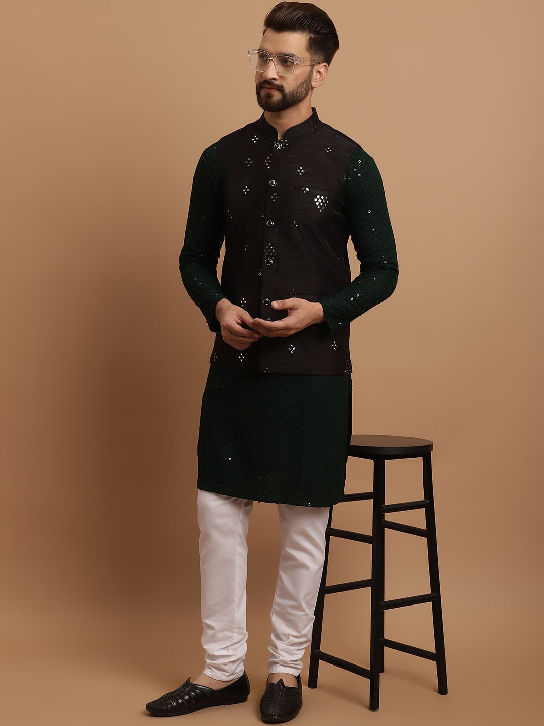 

SOJANYA Ethnic Embroidered Sequinned Pure Cotton Kurta & Churidar With Nehru Jacket, Green