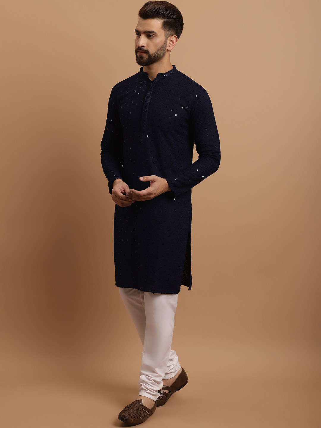 

SOJANYA Ethnic Embroidered Sequinned Pure Cotton Kurta & Churidar With Nehru Jacket, Navy blue