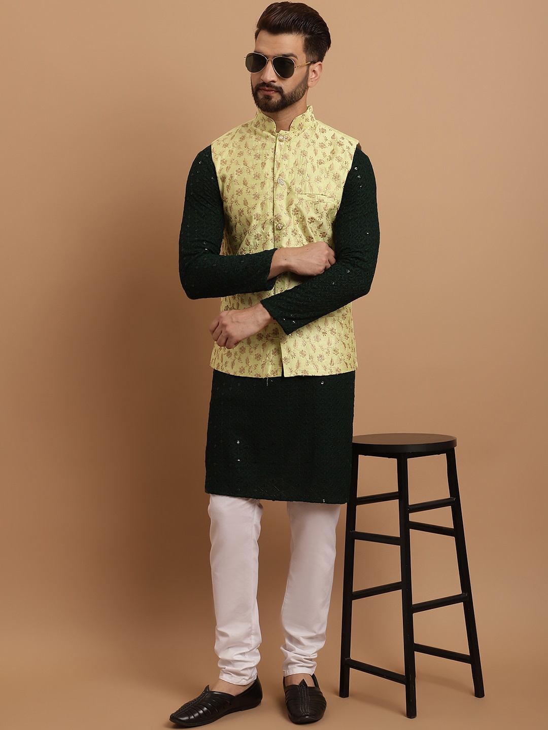 

SOJANYA Ethnic Embroidered Sequinned Pure Cotton Kurta & Churidar With Nehru Jacket, Green