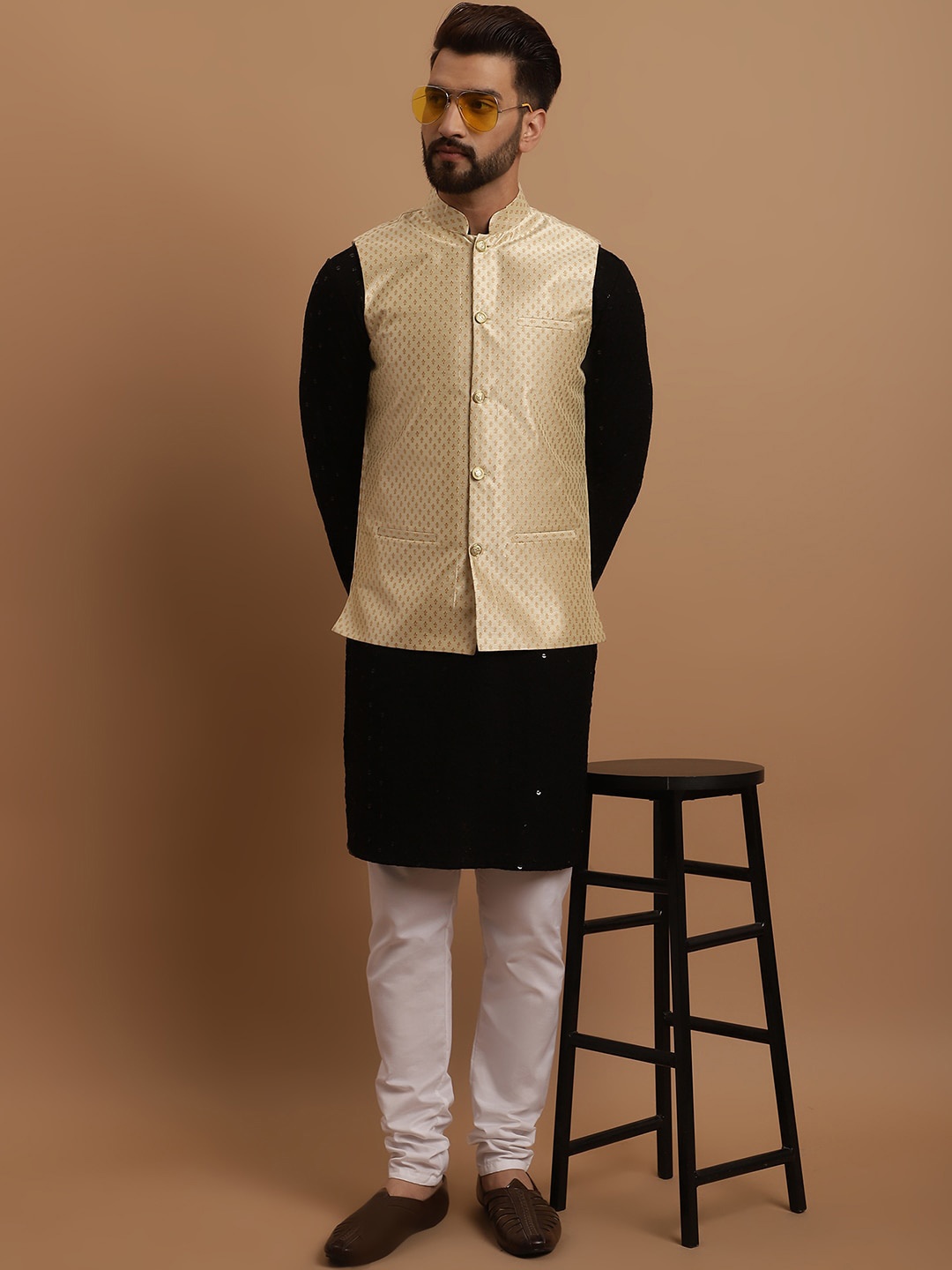 

SOJANYA Ethnic Embroidered Sequinned Pure Cotton Kurta & Churidar With Nehru Jacket, Black