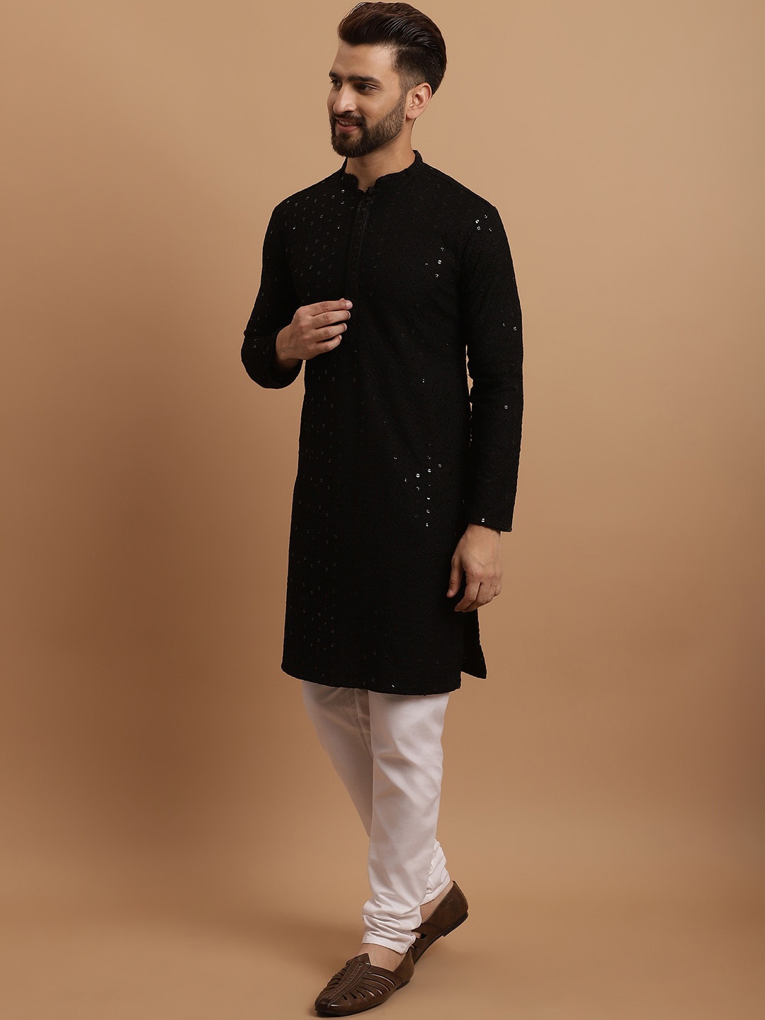 

SOJANYA Ethnic Embroidered Sequinned Pure Cotton Kurta & Churidar With Nehru Jacket, Black