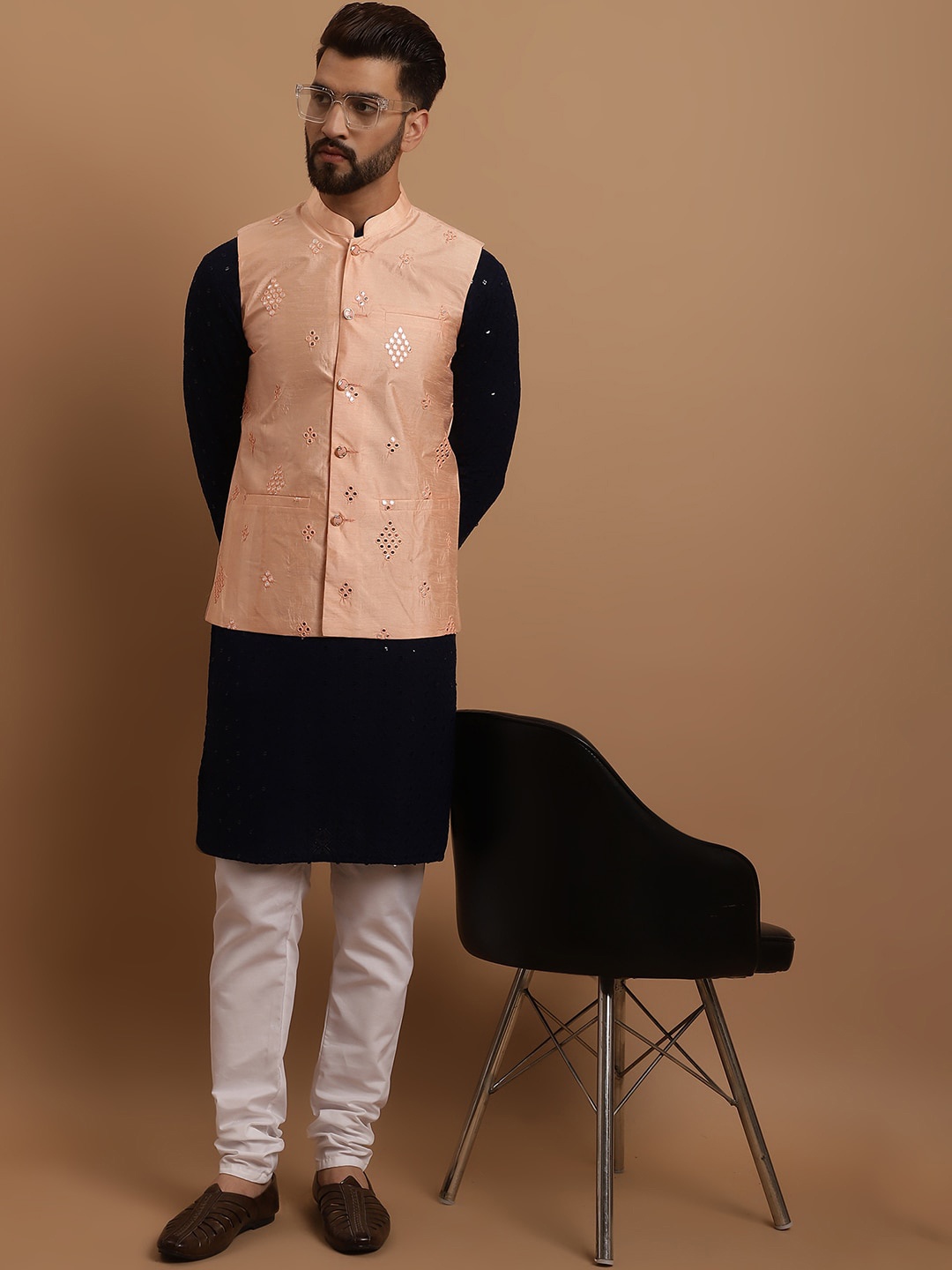 

SOJANYA Ethnic Embroidered Sequinned Cotton Kurta & Churidar With Nehru Jacket, Navy blue