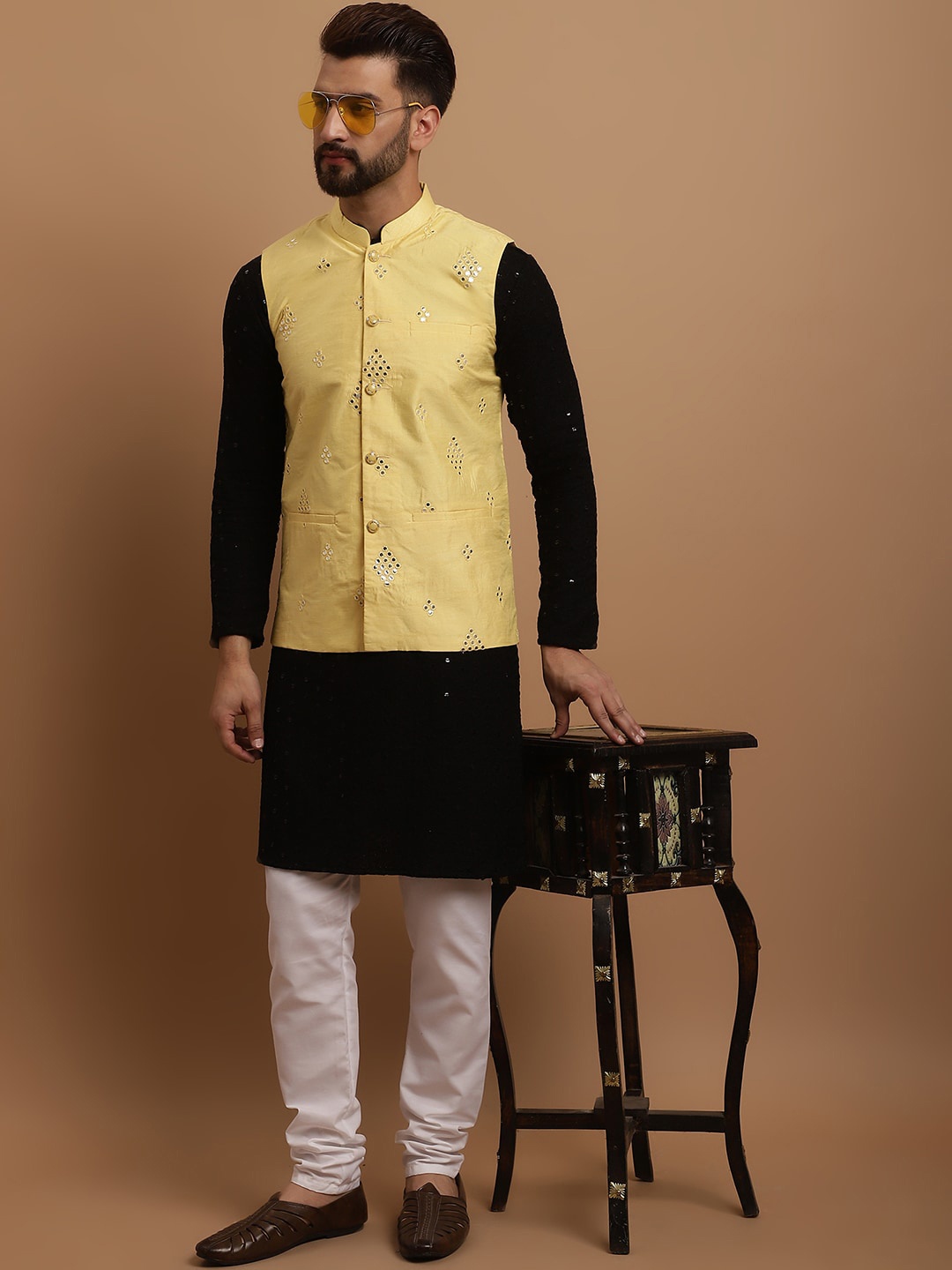 

SOJANYA Ethnic Embroidered Sequinned Pure Cotton Kurta & Churidar With Nehru Jacket, Black