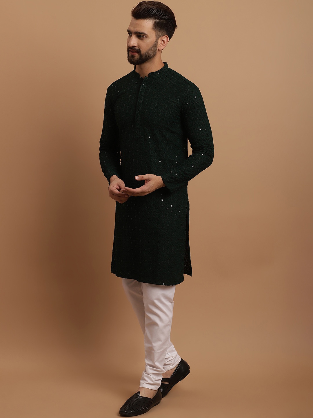 

SOJANYA Ethnic Embroidered Sequinned Pure Cotton Kurta & Churidar With Nehru Jacket, Green