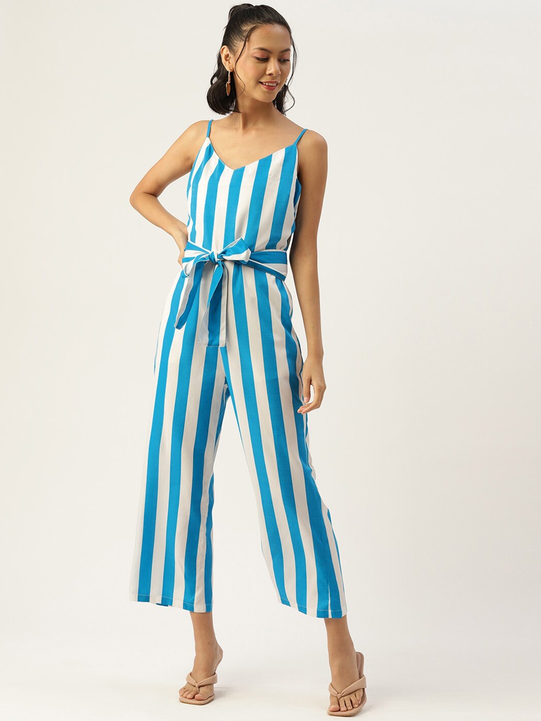 

Sleek Italia Striped Shoulder Straps Waist Tie-Up Basic Jumpsuit, Blue