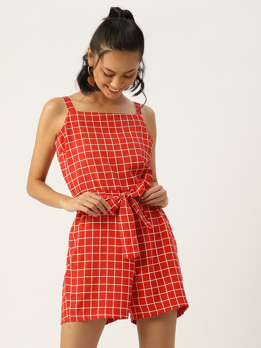 

Sleek Italia Checked Waist Tie-Up Playsuit, Red