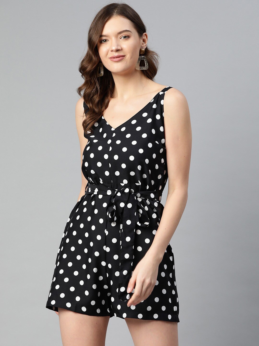 

Sleek Italia Polka Dot Printed Waist Tie-Up Playsuit, Black