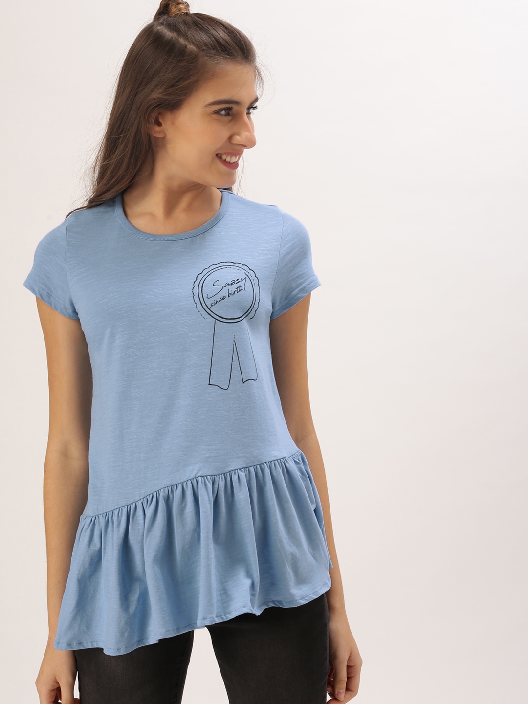 

DressBerry Women Blue Printed Peplum Pure Cotton Top