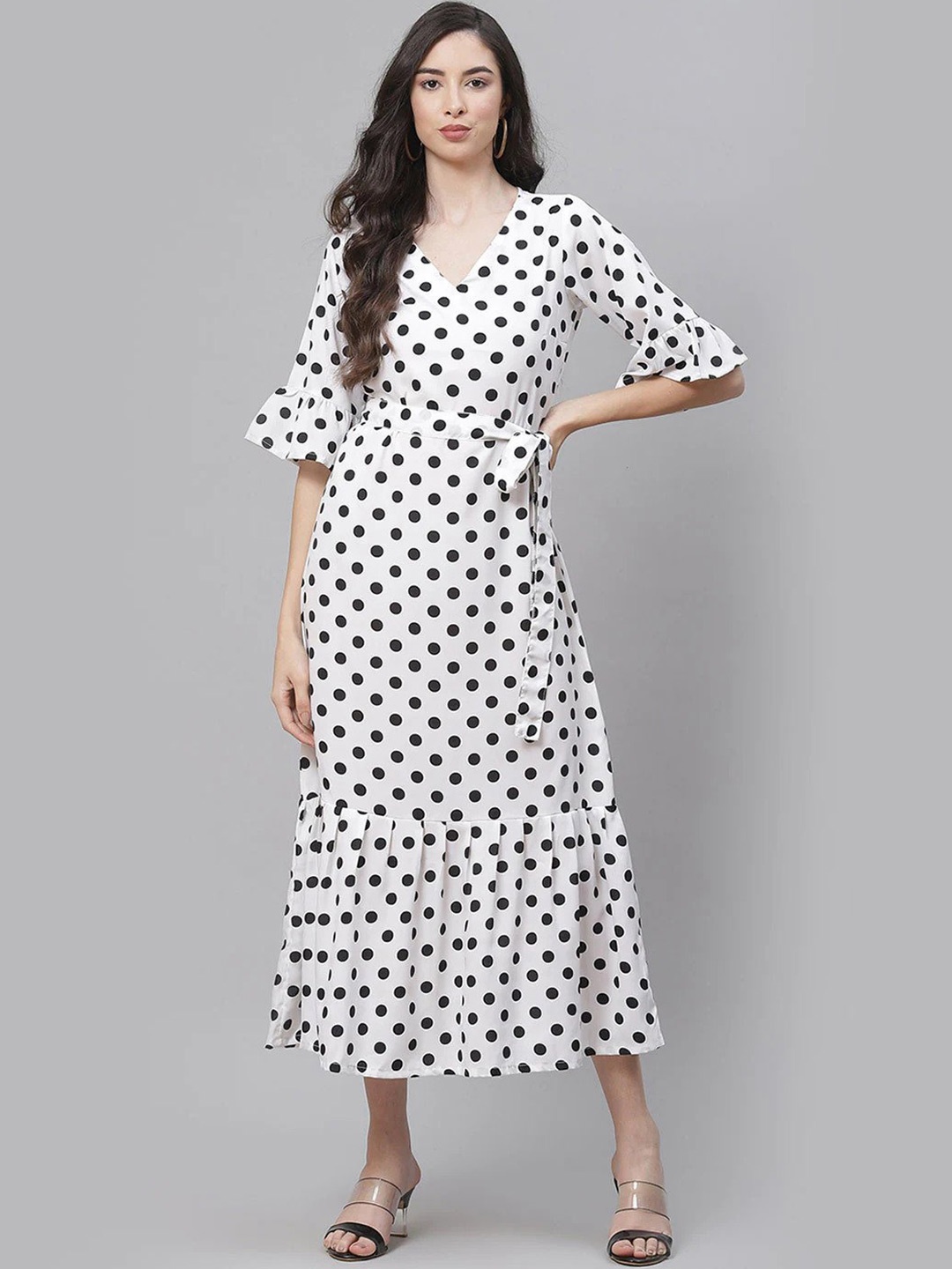 

Sleek Italia Bell Sleeves Polka Dot Printed Crepe Fit & Flare Midi Dress, White