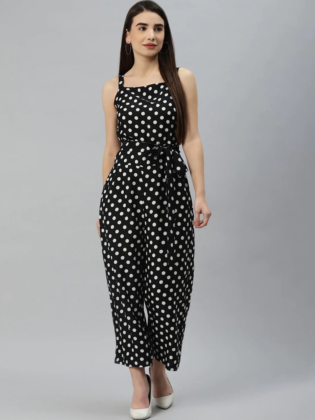 

Sleek Italia Polka Dot Printed Waist Tie-Up Basic Jumpsuit, Black