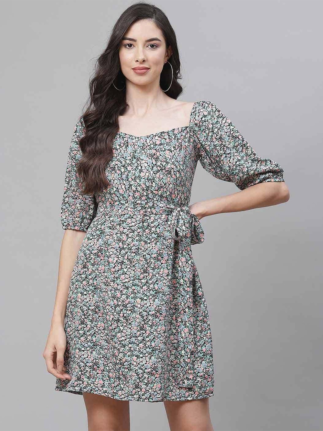

Sleek Italia Floral Printed Puff Sleeve Smocked Fit & Flare Mini Dress, Black