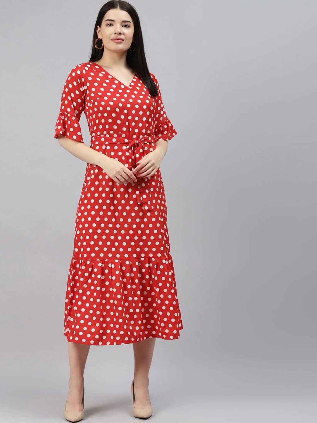 

Sleek Italia Bell Sleeves Polka Dot Printed Crepe A-Line Dress, Red