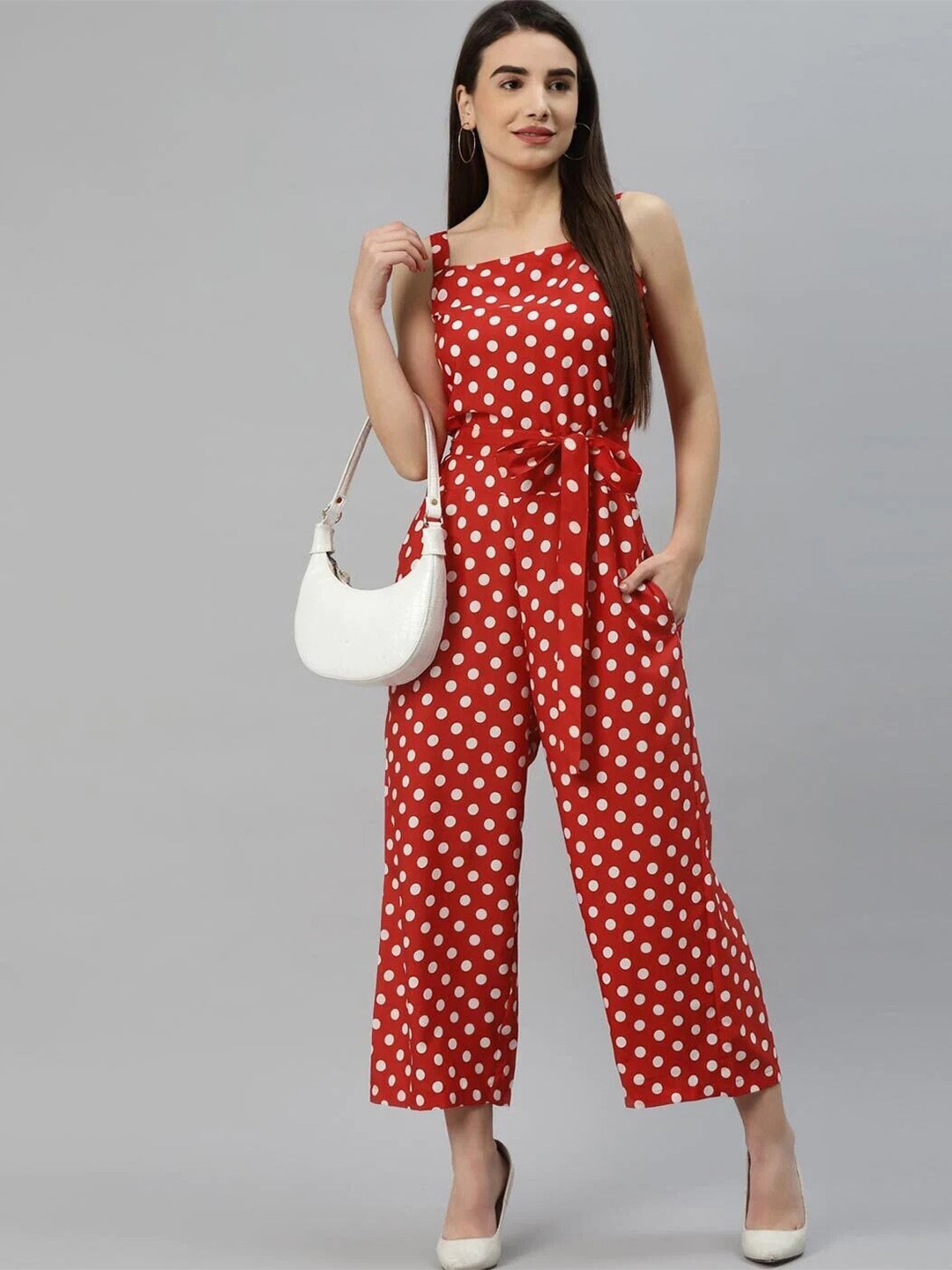 

Sleek Italia Polka Dot Printed Waist Tie-Up Basic Jumpsuit, Red