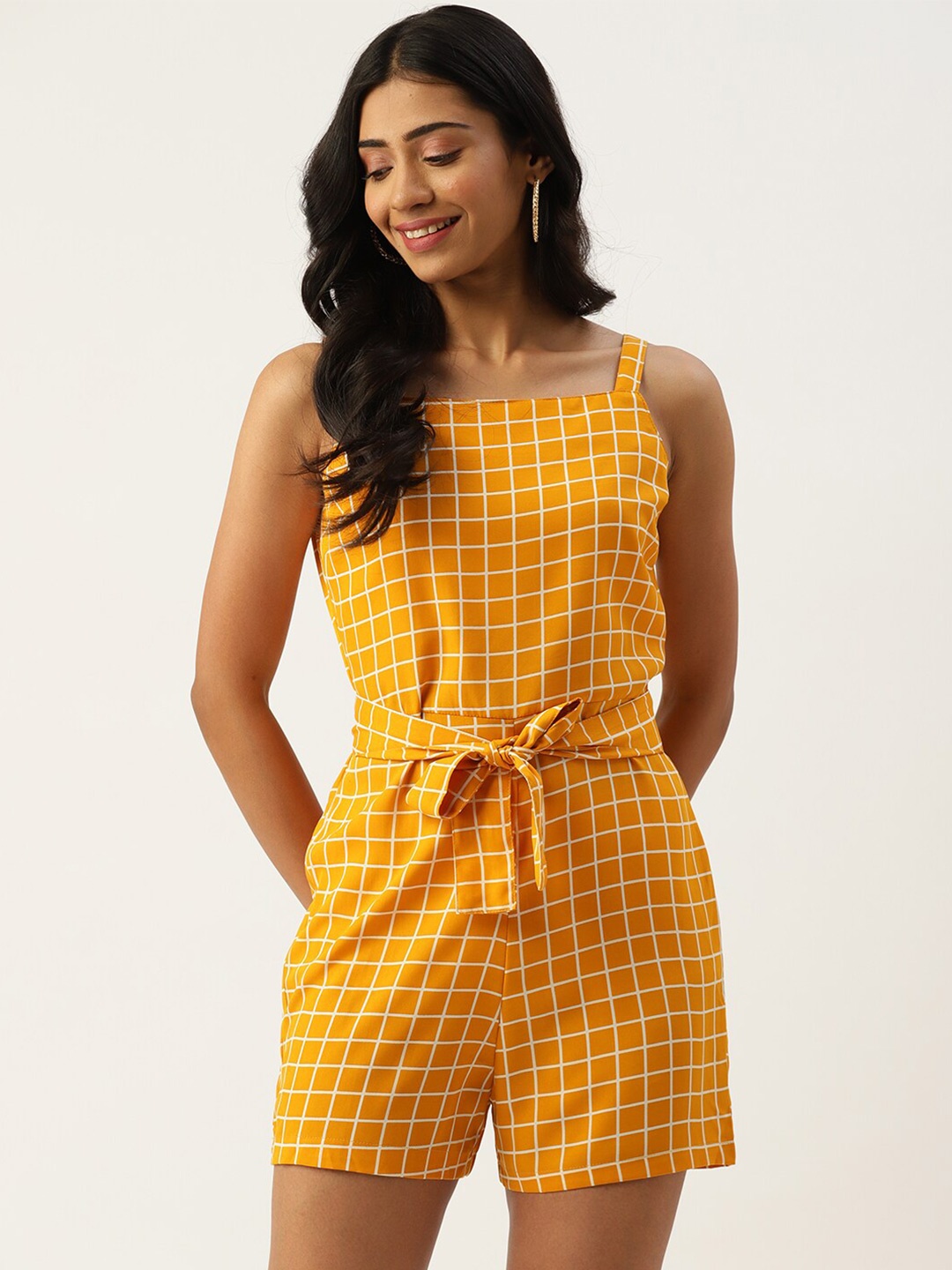 

Sleek Italia Checked Waist Tie-Up Playsuit, Yellow