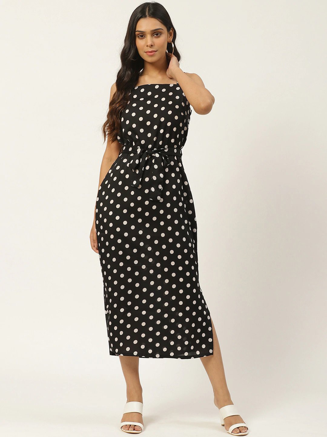 

Sleek Italia Sleeveless Polka Dot Printed Crepe A-Line Midi Dress, Black