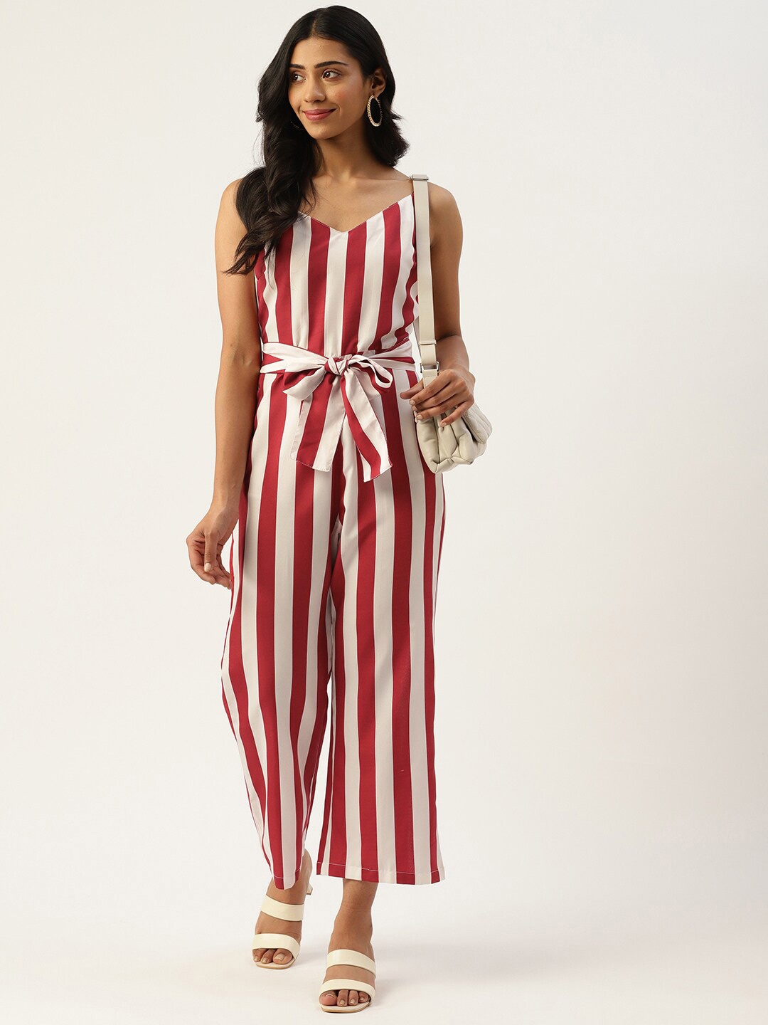 

Sleek Italia Striped Sleeveless Waist Tie-Up Basic Jumpsuit, Maroon