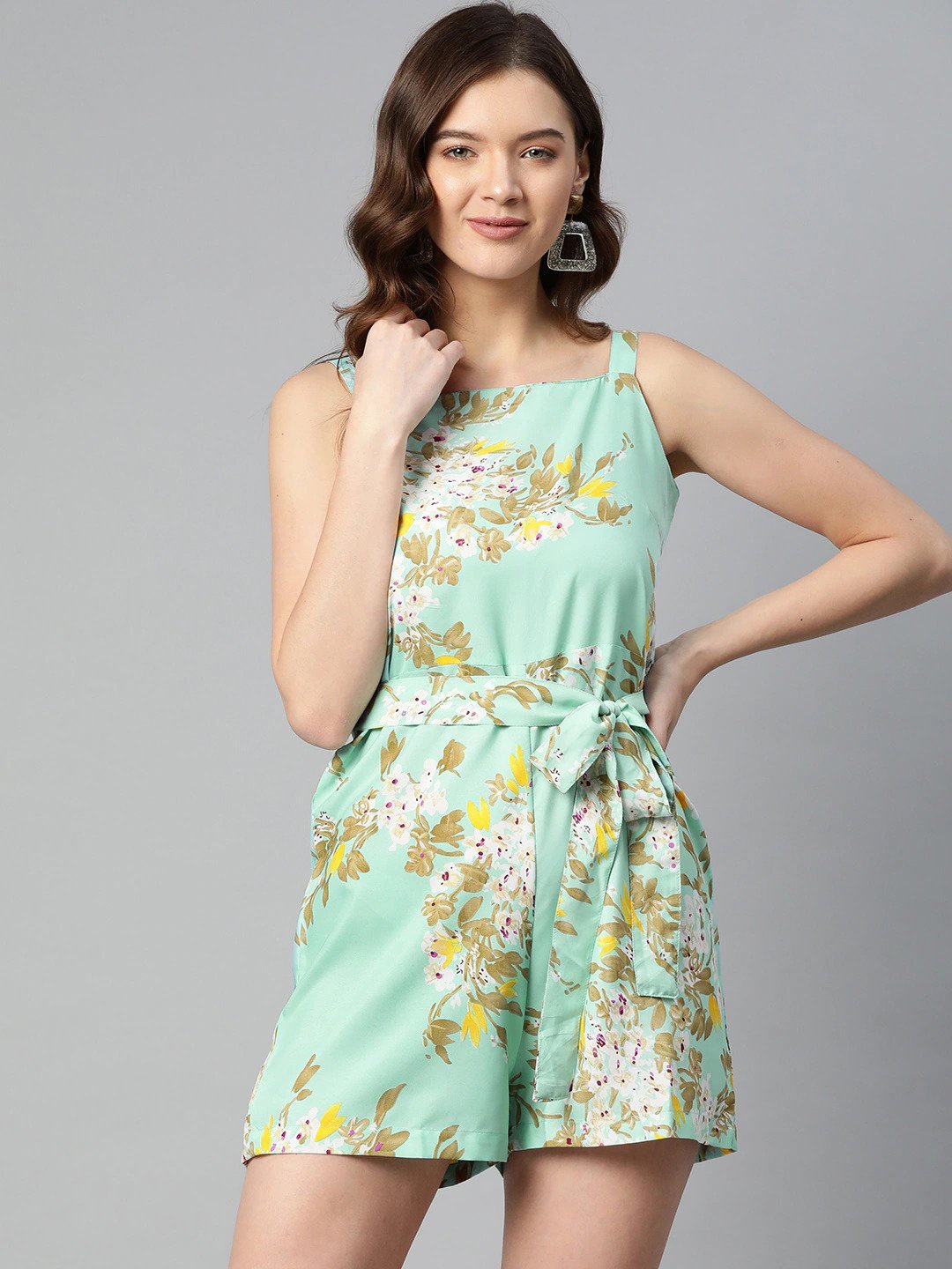 

Sleek Italia Floral Printed Waist Tie-Up Playsuit, Sea green