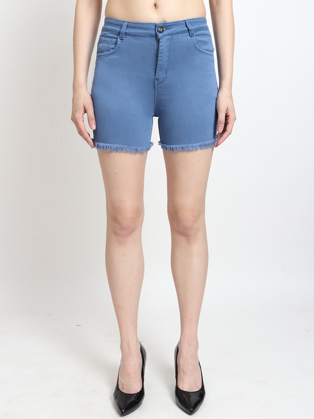

LIVE OK Women Skinny Fit High-Rise Stretchable Cotton Denim Shorts, Blue