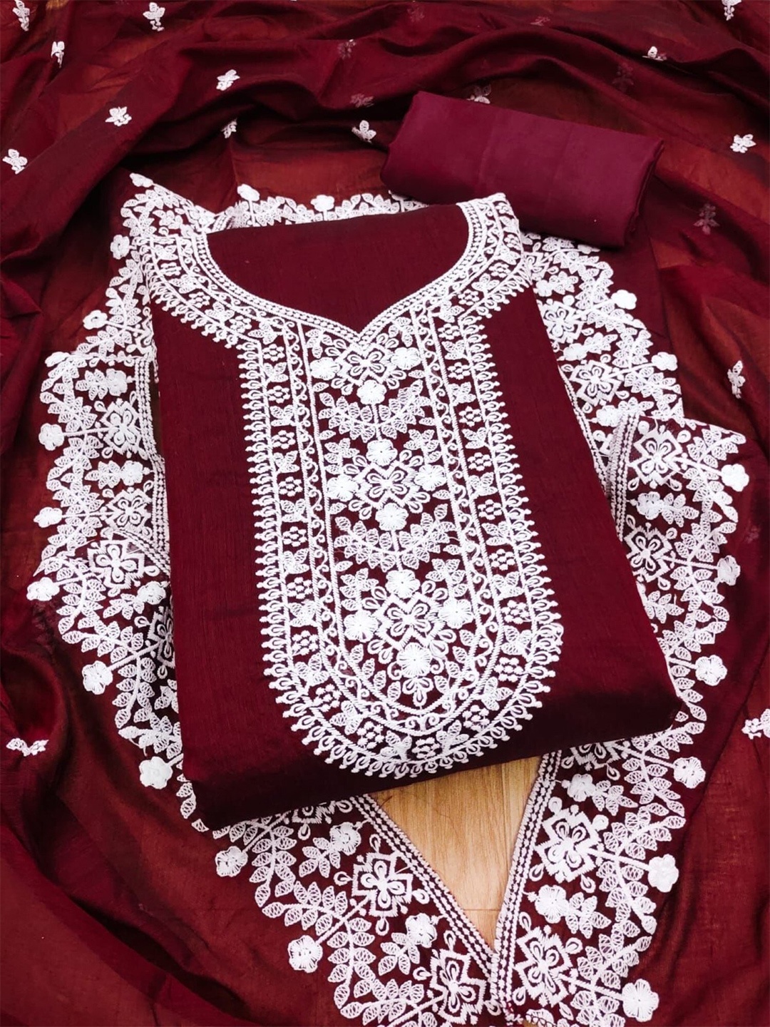 

KALINI Floral Embroidered Unstitched Dress Material, Maroon