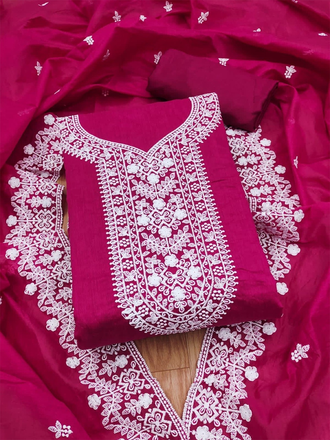 

KALINI Floral Embroidered Unstitched Dress Material, Pink