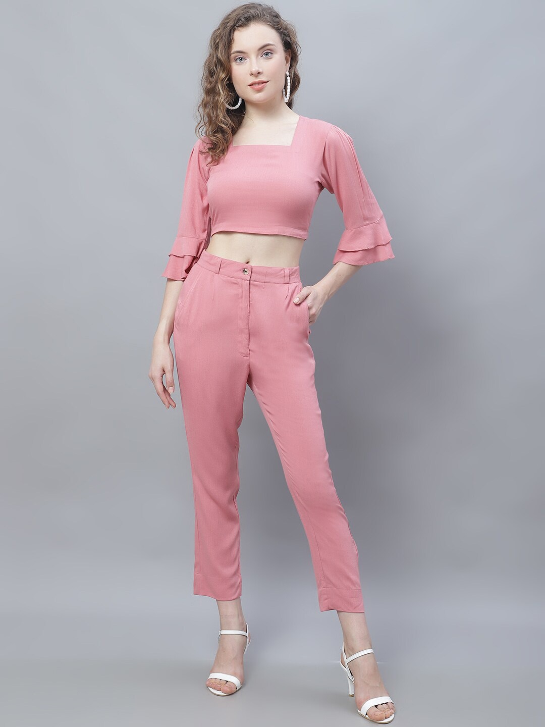 

Karmic Vision Square Neck Fitted Crop Top With Trousers, Pink