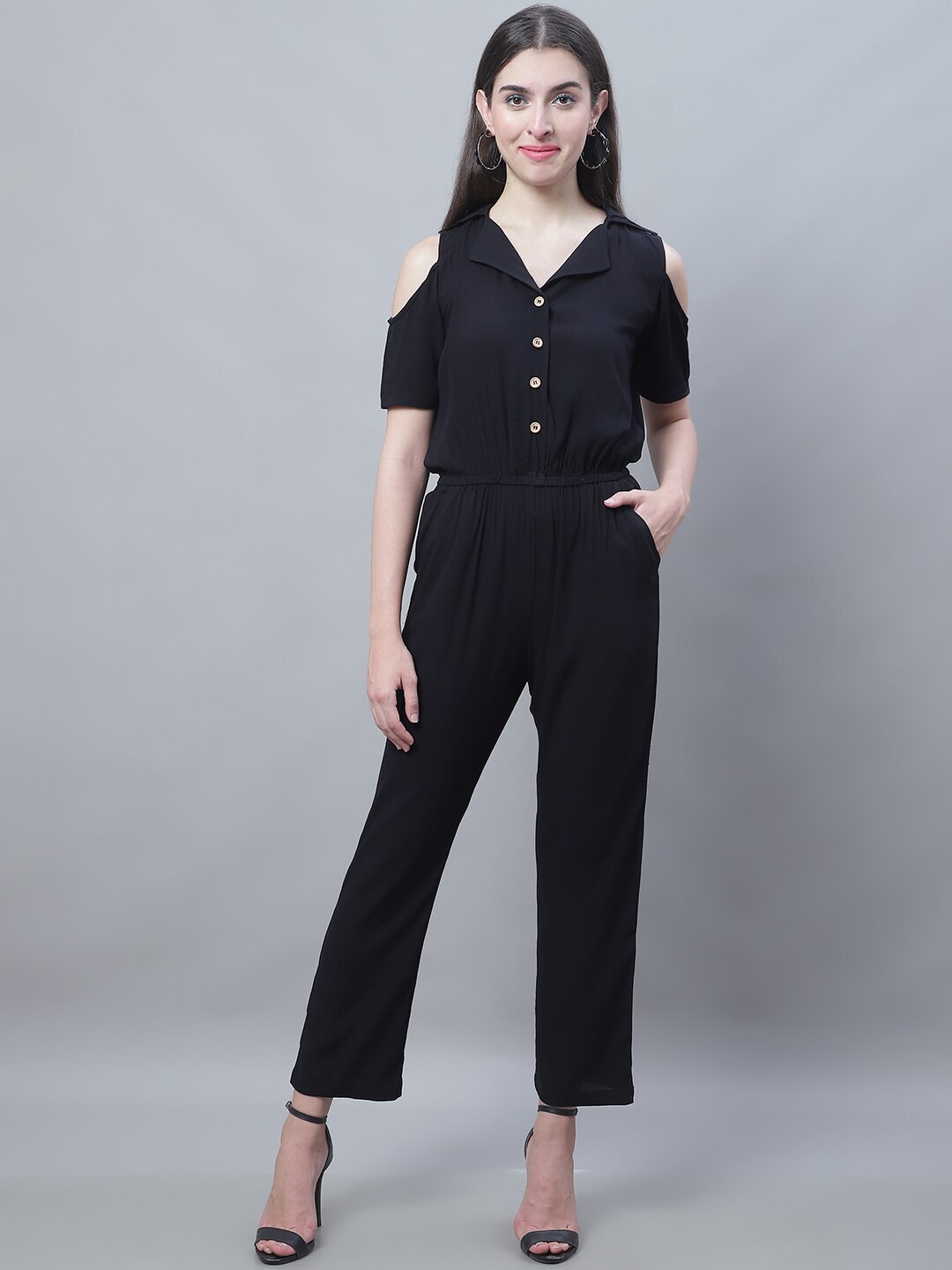 

Karmic Vision Shirt Collar Short Sleeves Basic Jumpsuit, Black