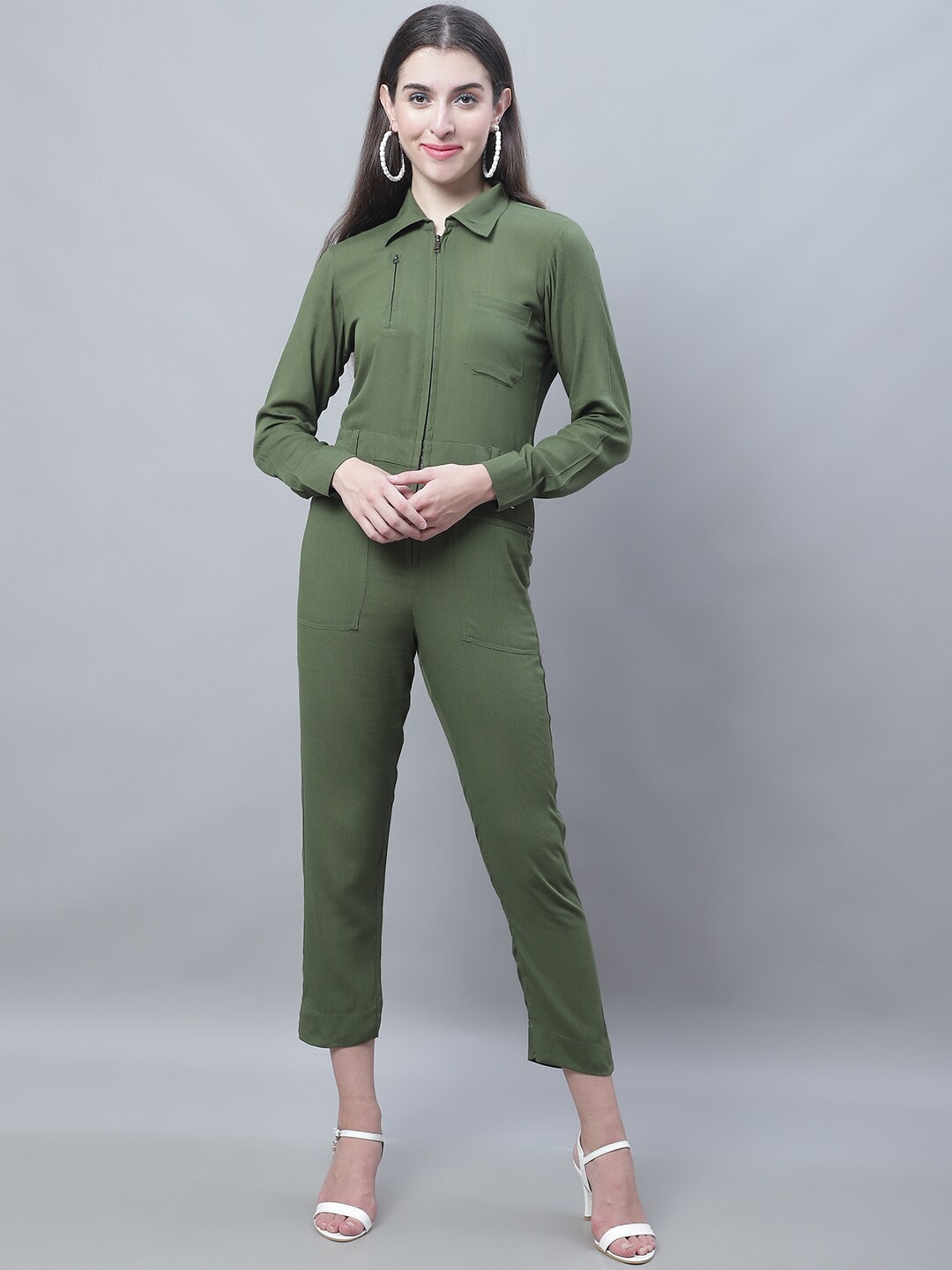 

Karmic Vision Shirt Collar Long Sleeves Basic Jumpsuit, Green