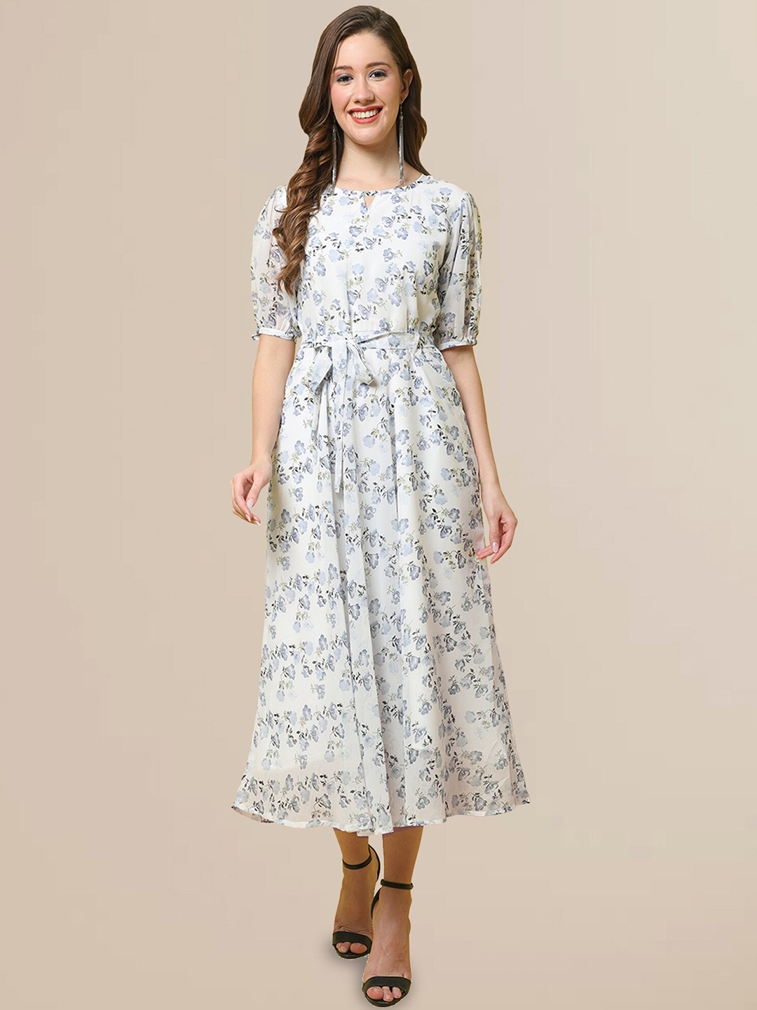 

BAESD Floral Printed Keyhole Neck Puff Sleeves Fit & Flare Dress, White