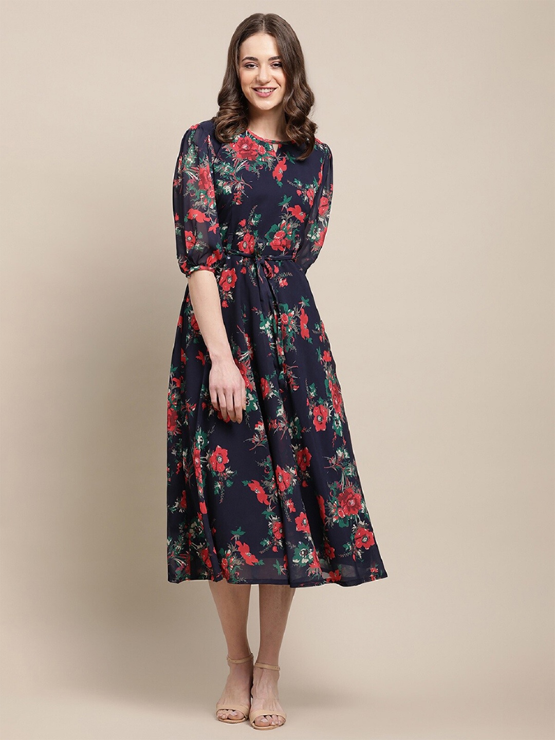 

BAESD Floral Printed Round Neck Puff Sleeves Fit & Flare Midi Dress With Belt, Navy blue