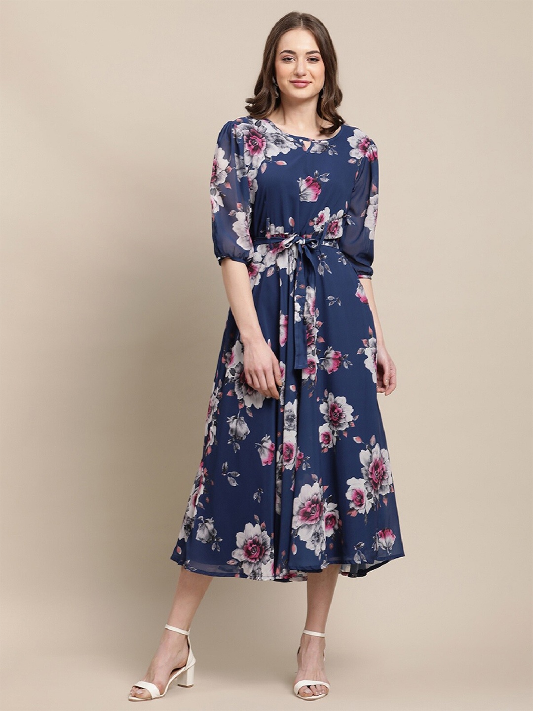 

BAESD Floral Print Georgette A-Line Midi Dress, Blue
