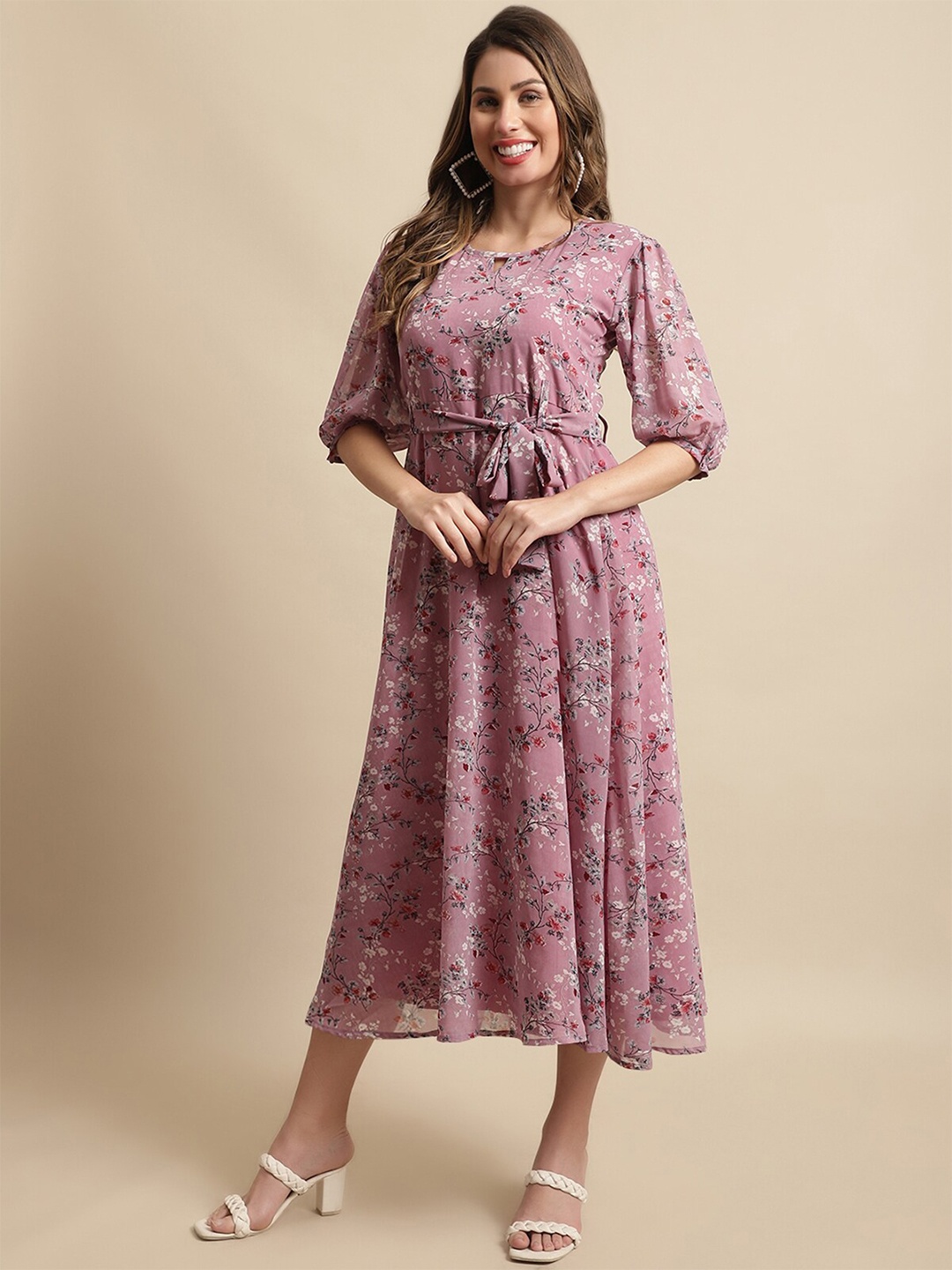 

BAESD Floral Printed Georgette Fit & Flare Midi Dress, Mauve