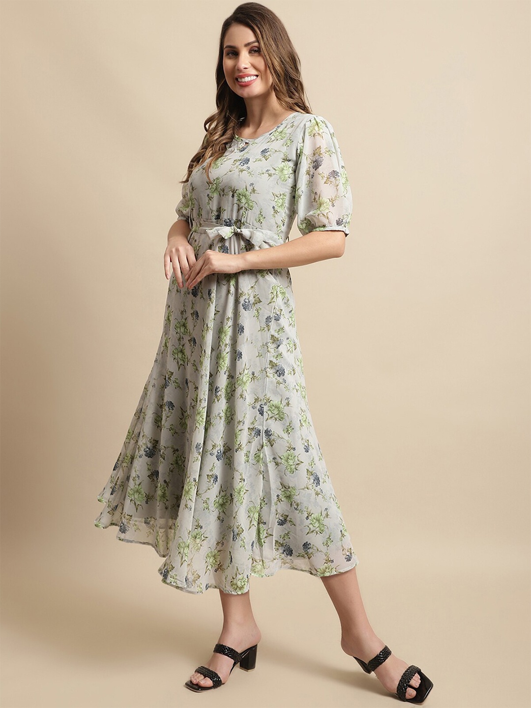 

BAESD Floral Printed Georgette Fit & Flare Midi Dress, Grey