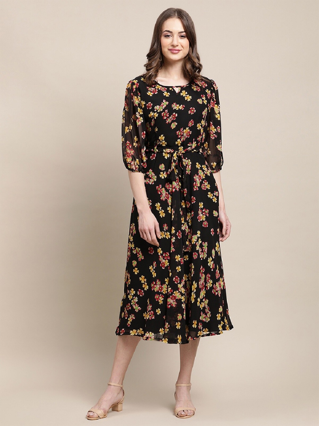 

BAESD Floral Printed Puff Sleeve Georgette A-Line Midi Dress, Black