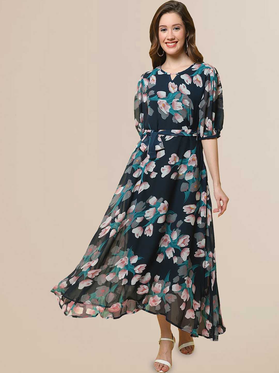 

BAESD Floral Printed Puff Sleeve Keyhole Neck Tie Up Detailed Fit & Flare Dress With Belt, Navy blue