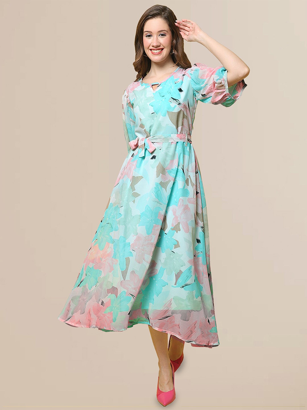 

BAESD Floral Print Georgette Fit & Flare Midi Dress, Blue