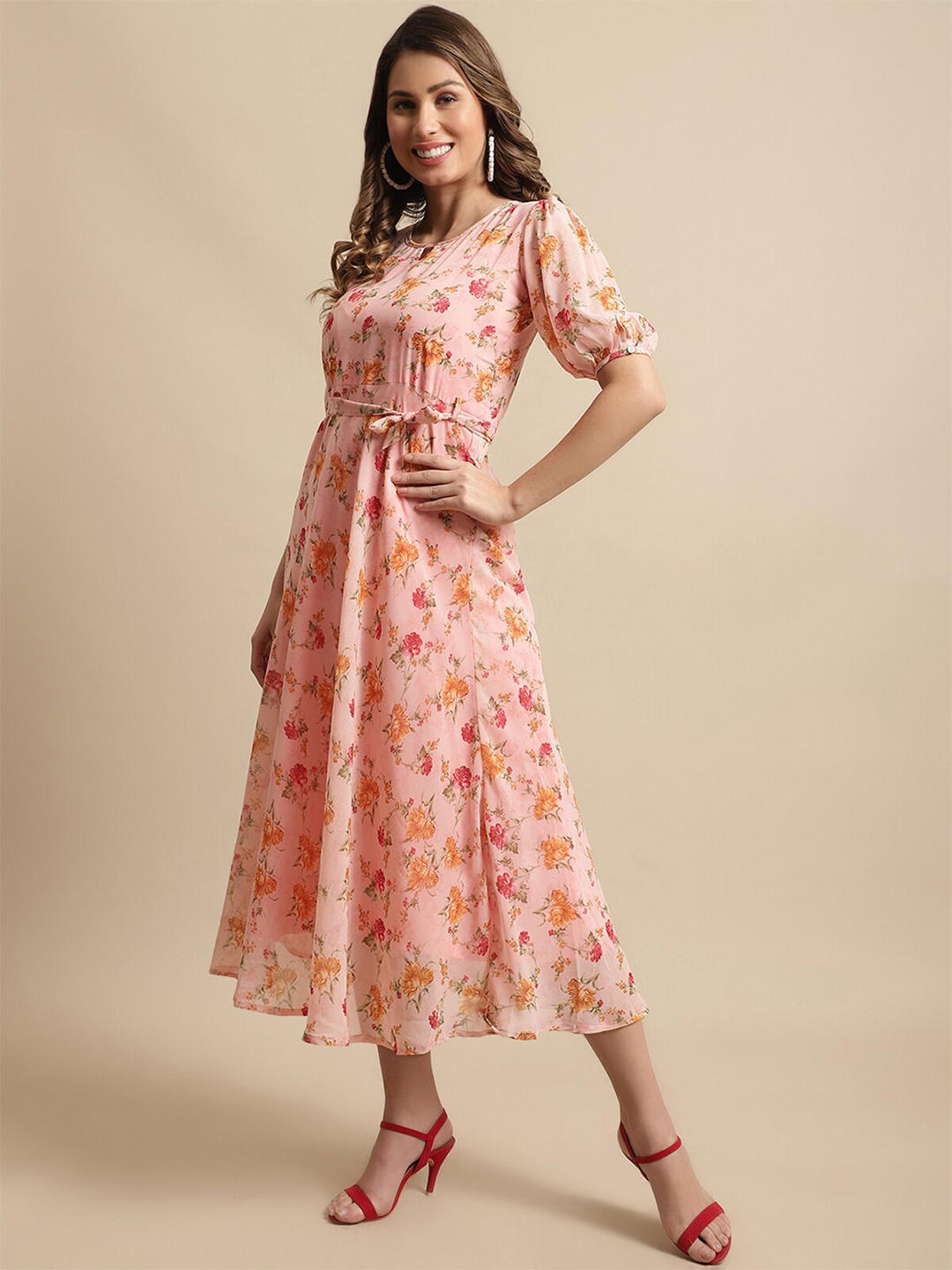 

BAESD Floral Printed Gathred Or Pleated A-Line Midi Dress, Pink