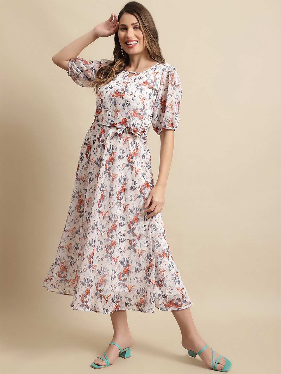 

BAESD Floral Printed Keyhole Neck Puff Sleeves Fit & Flare Dress, White