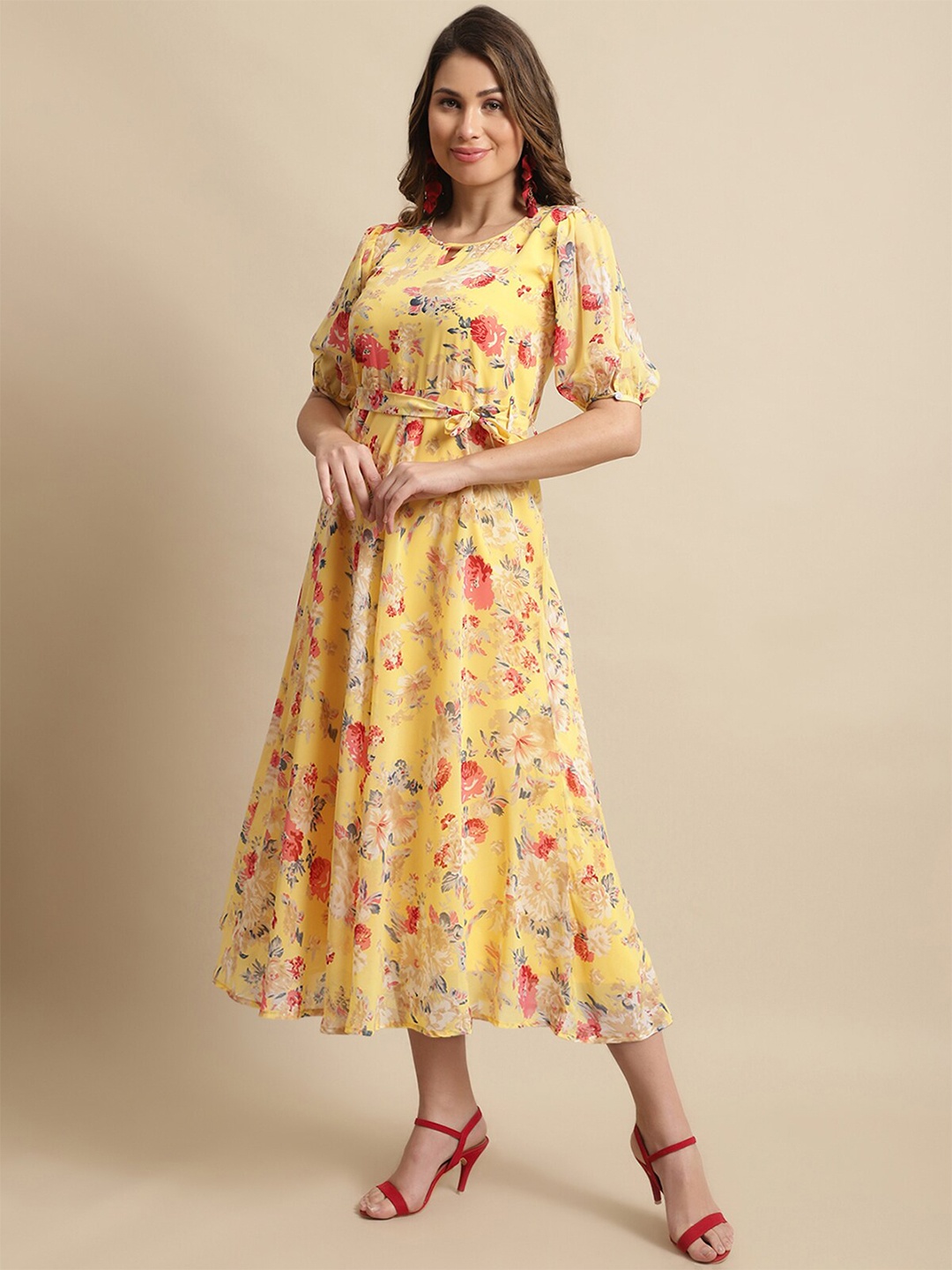

BAESD Floral Printed Puff Sleeves & Belted Detailed Georgette Fit & Flare Midi Dress, Yellow