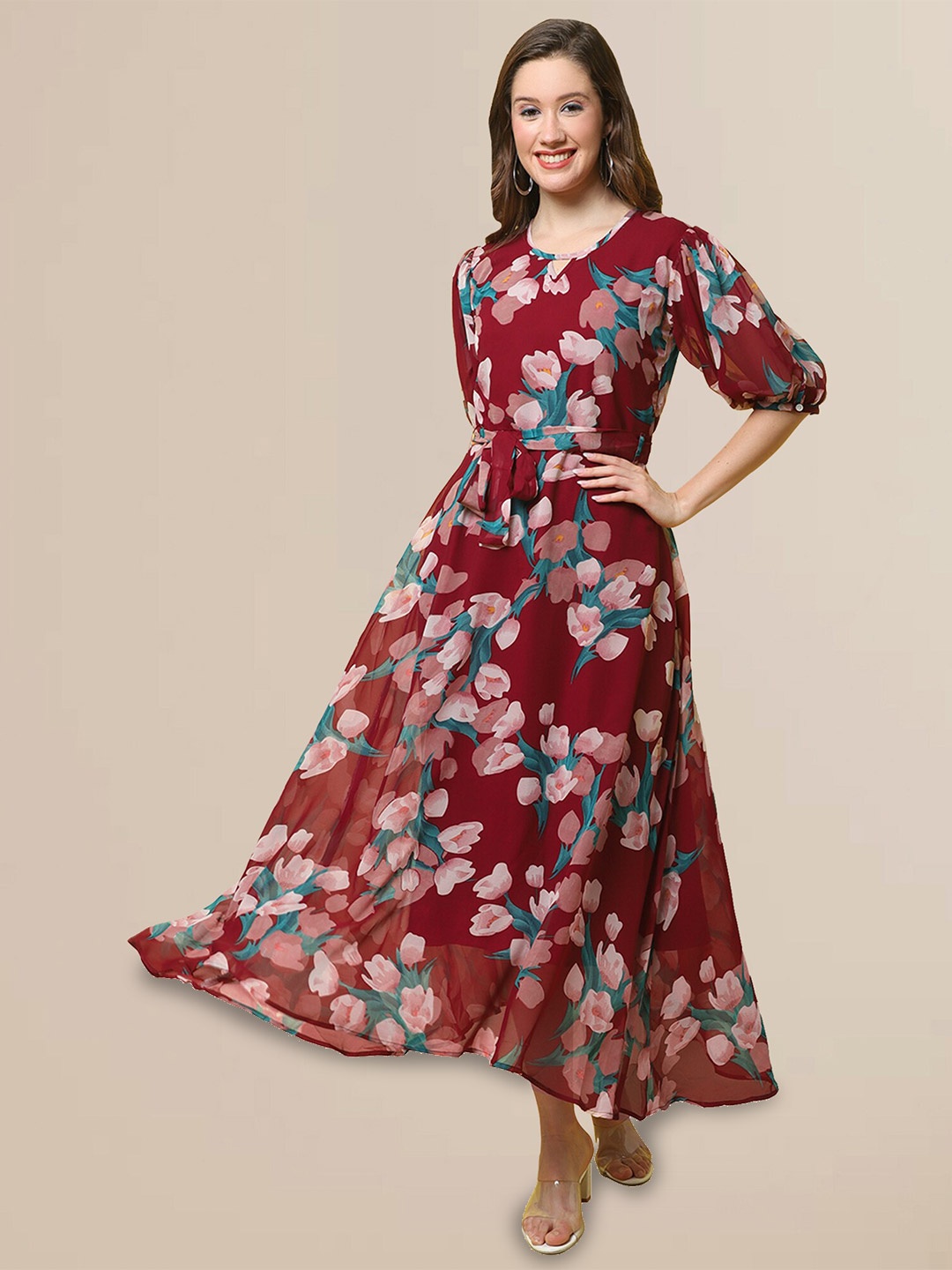 

BAESD Floral Printed Keyhole Neck Puff Sleeves A-Line Maxi Dress, Red