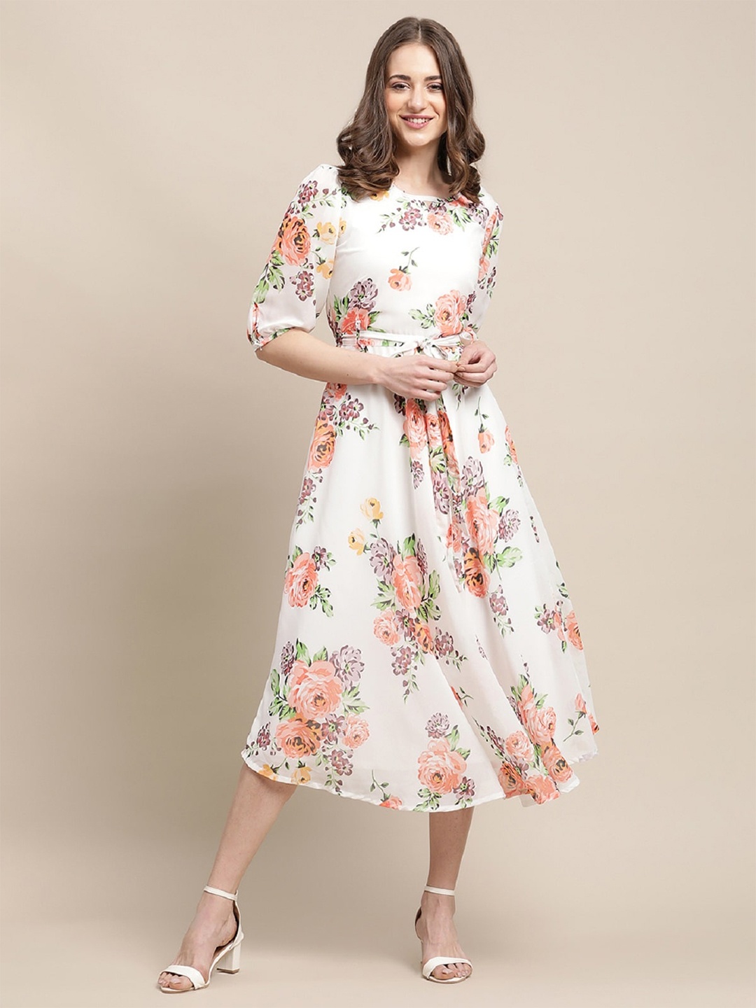 

BAESD Floral Printed Georgette Fit & Flare Midi Dress, Cream