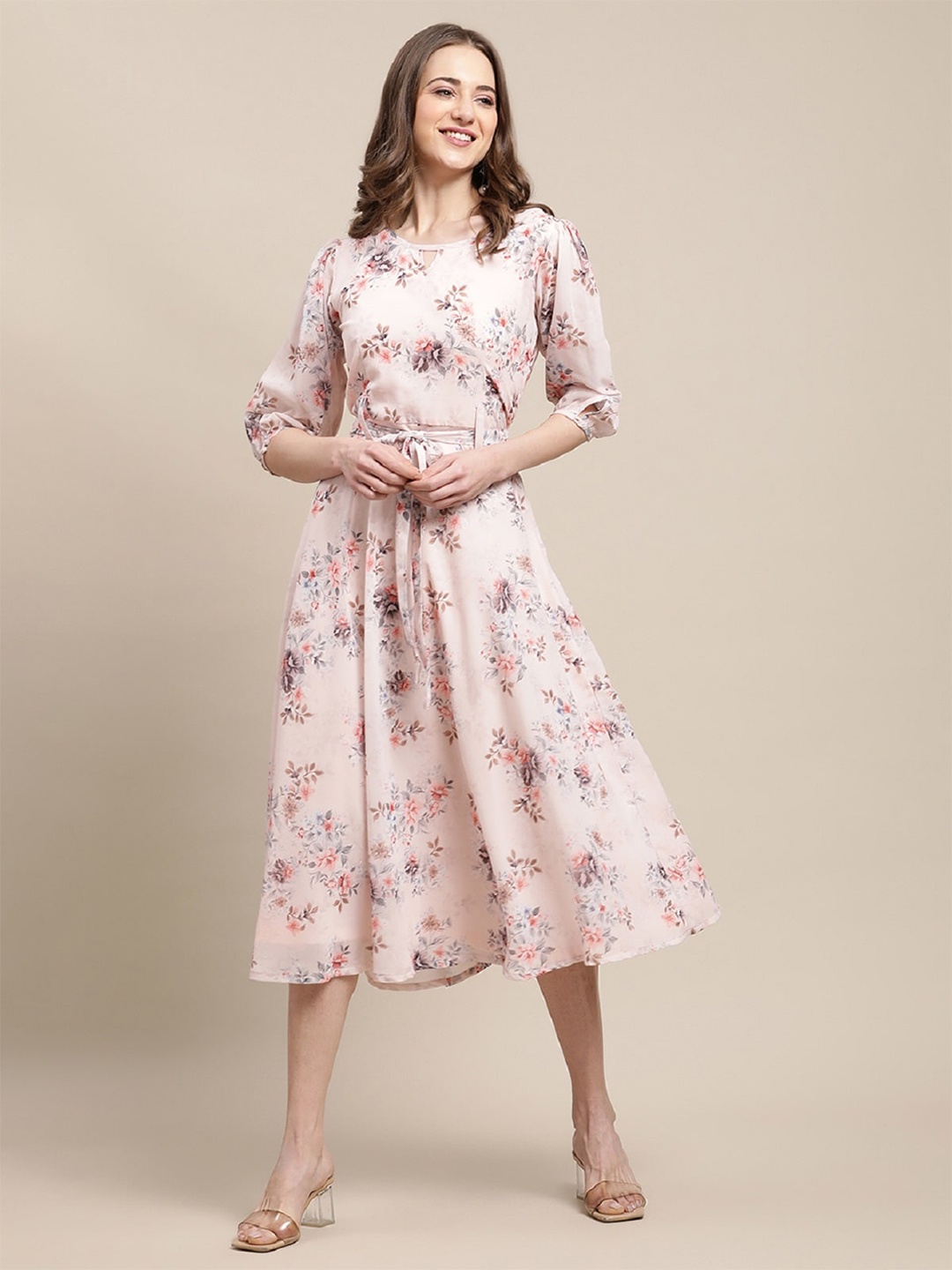 

BAESD Floral Print Georgette Fit & Flare Midi Dress, Peach