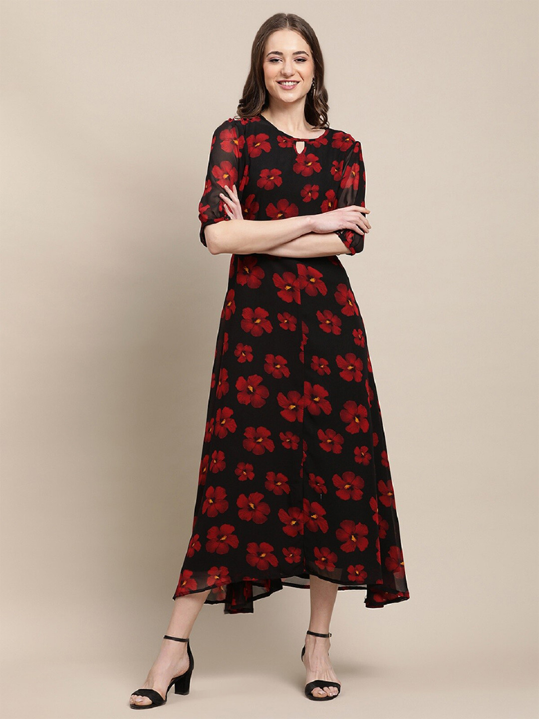 

BAESD Ethnic Motifs Print Georgette A-Line Maxi Dress, Black